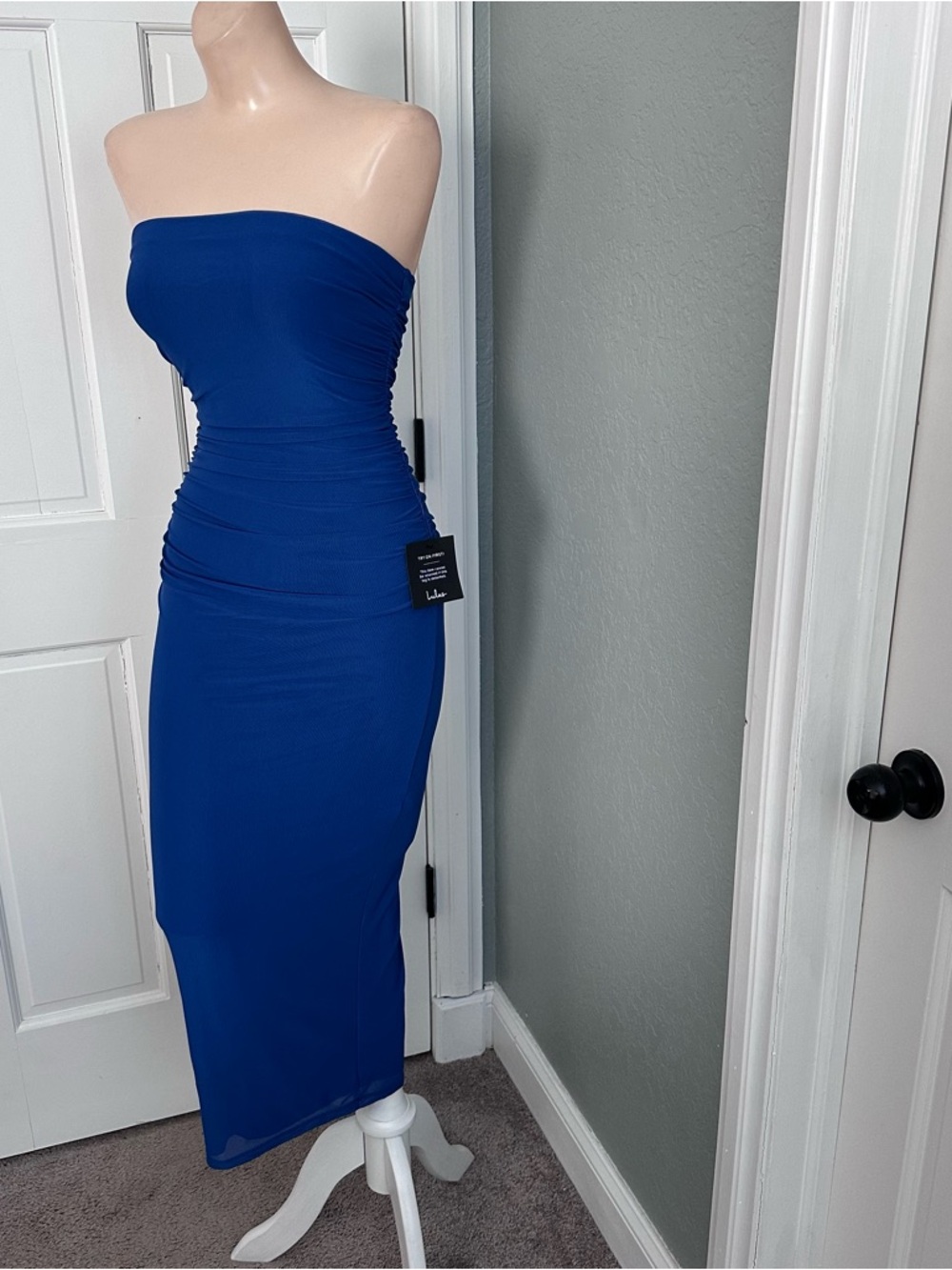 LULU’S LATE NIGHT CRUSH MESH RUCHED STRAPLESS MIDI DRESS - Picture 7 of 12